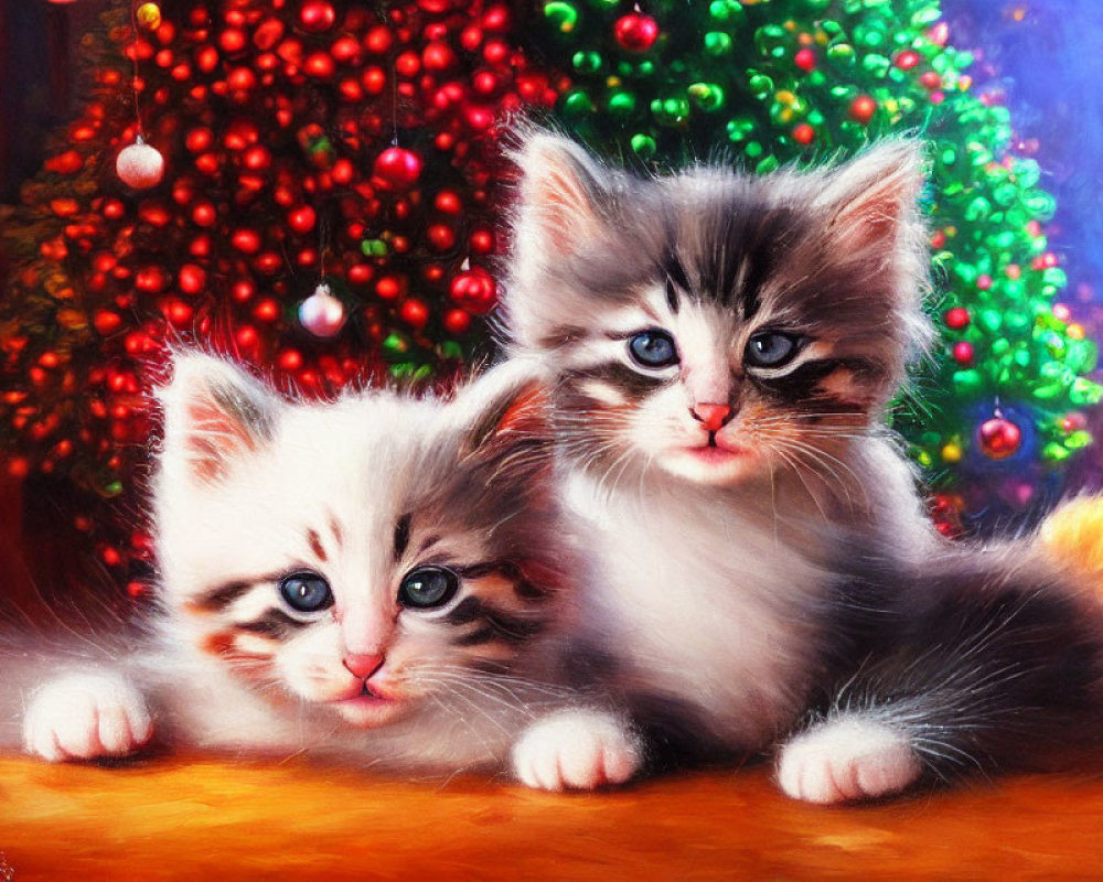 Fluffy kittens by Christmas tree with colorful lights