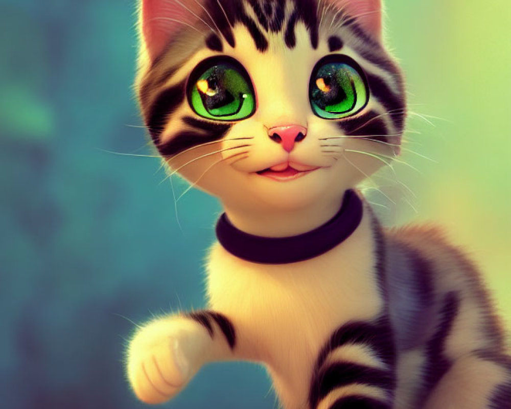 Striped Kitten with Large Green Eyes in Animated Style