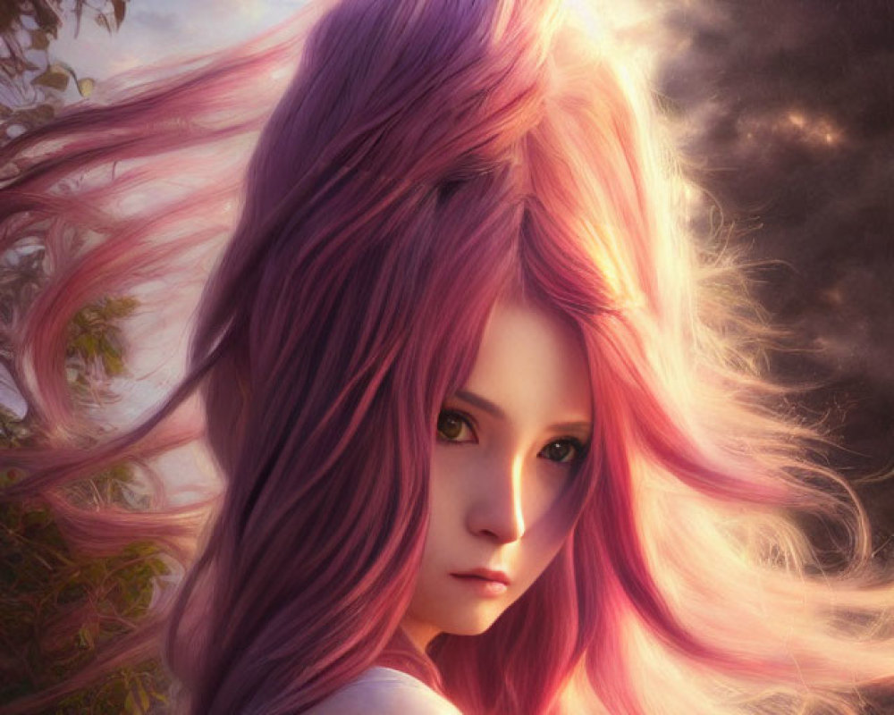 Vibrant pink-haired girl with orange cat in dreamy sky