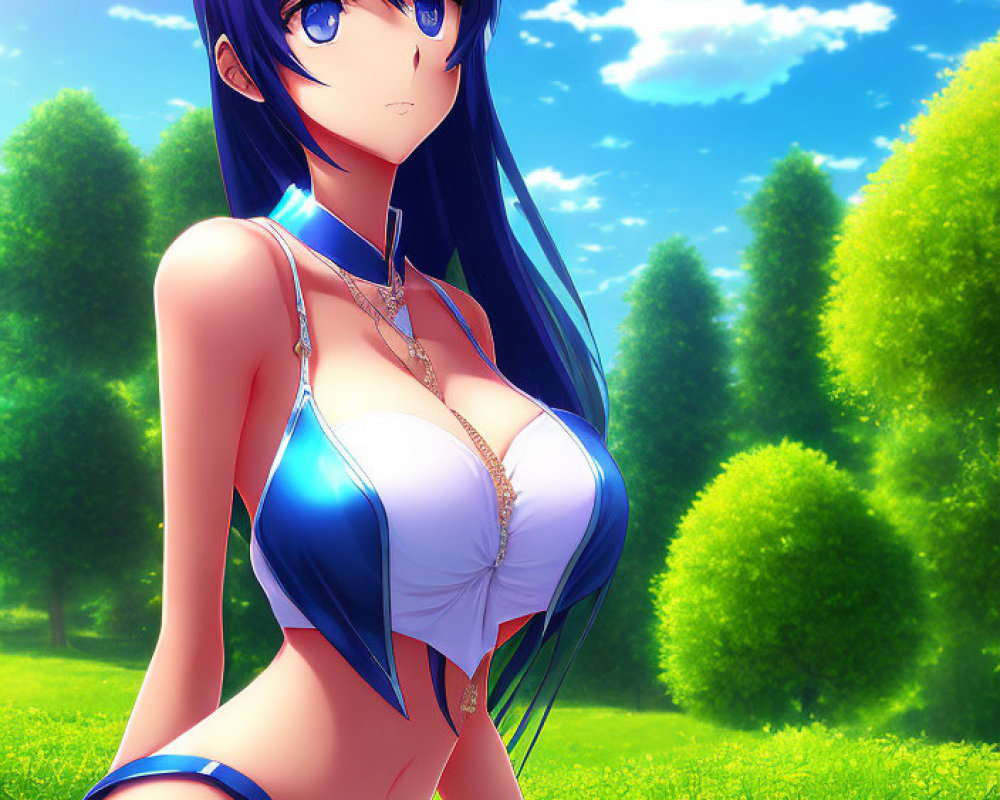 Anime character with long blue hair and purple eyes in white and blue bikini kneeling on grass under blue sky