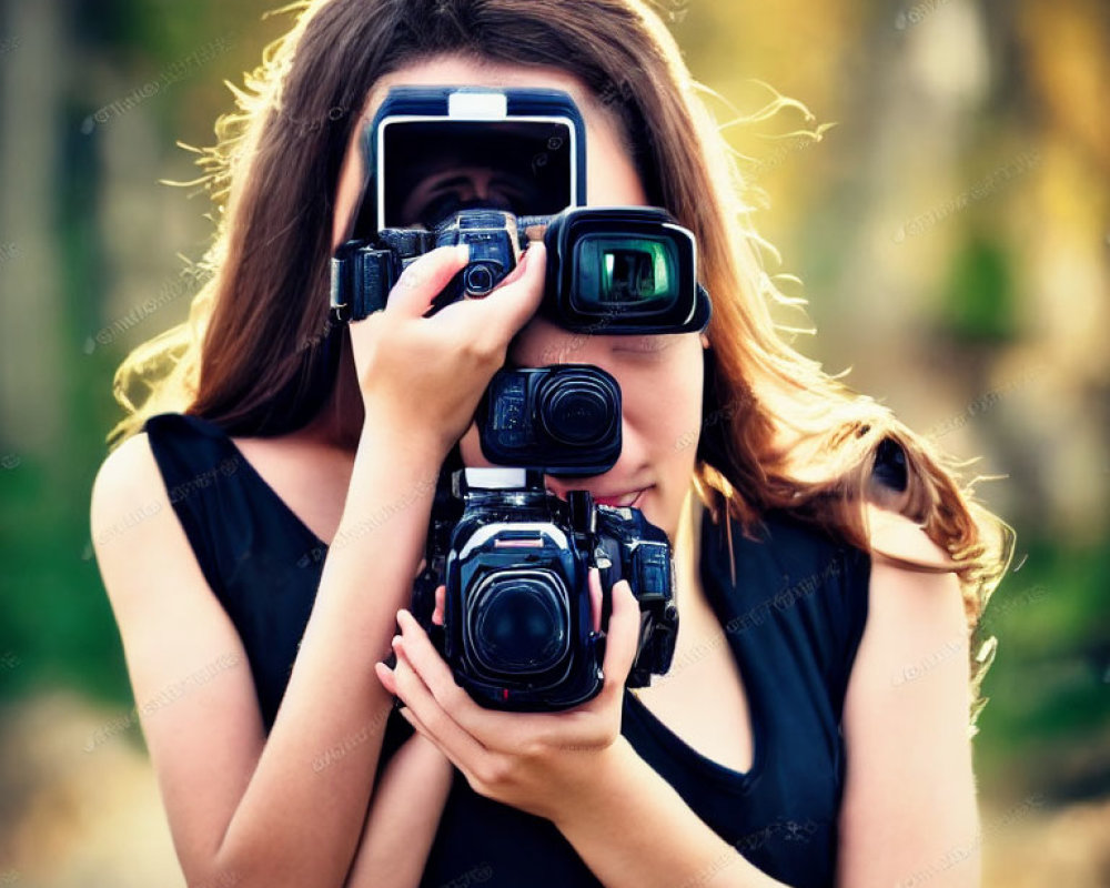 Woman with DSLR camera covering face against autumn background