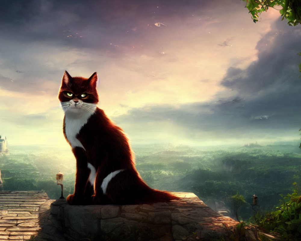 Majestic cat on stone path with fantasy castle at twilight