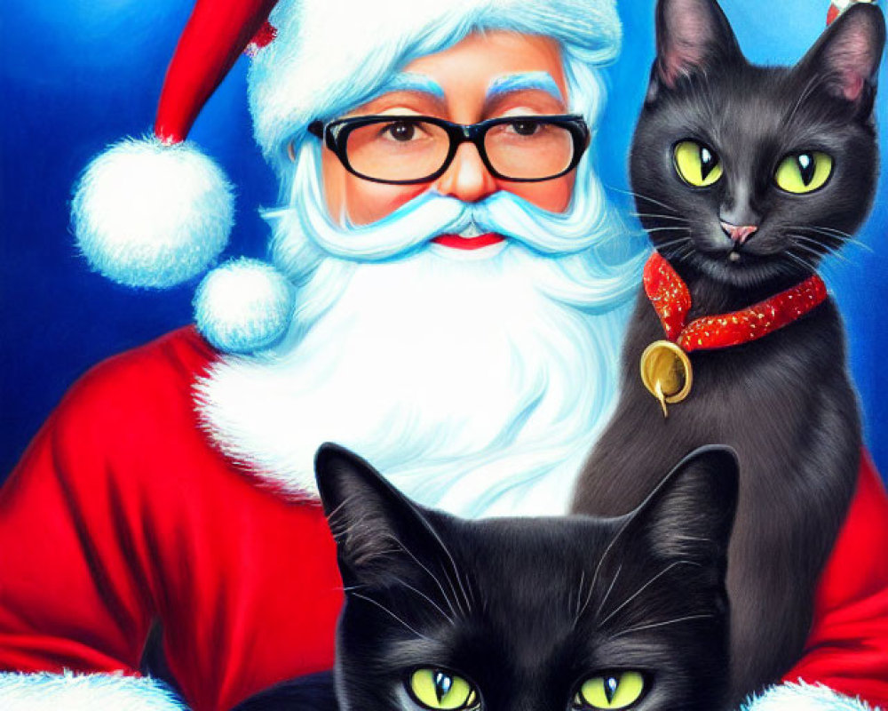 Person as Santa Claus holding two black cats against night sky with sleigh and reindeer.