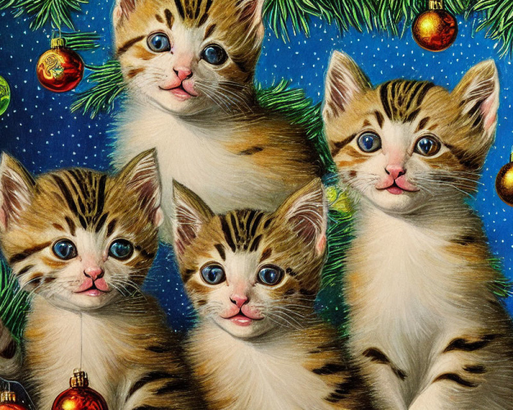 Four tabby kittens with blue eyes surrounded by Christmas decorations.