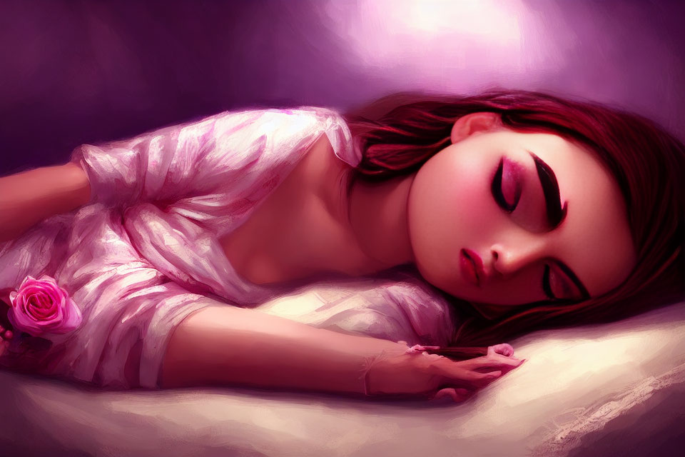 Vibrant pink and purple hues in digital artwork of sleeping woman