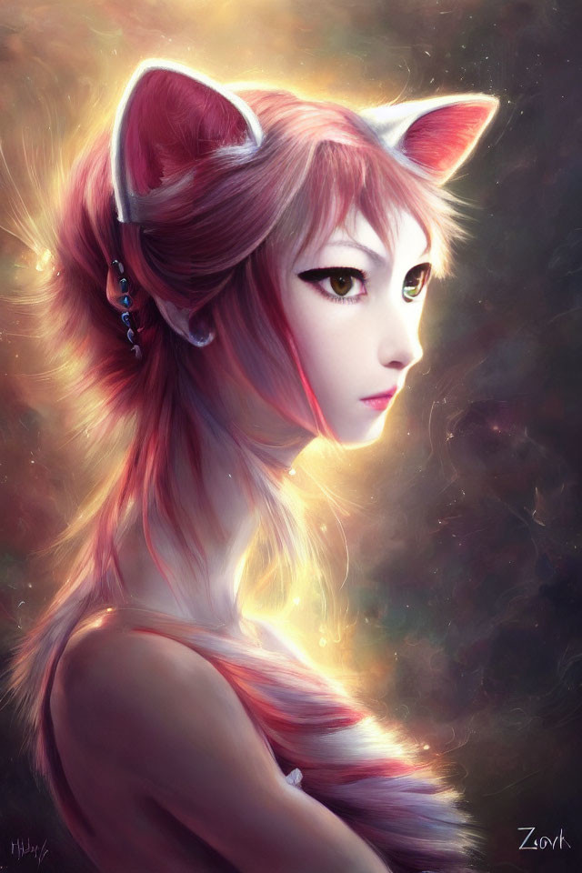 Digital Art Portrait of Woman with Cat Ears and Red Eyes