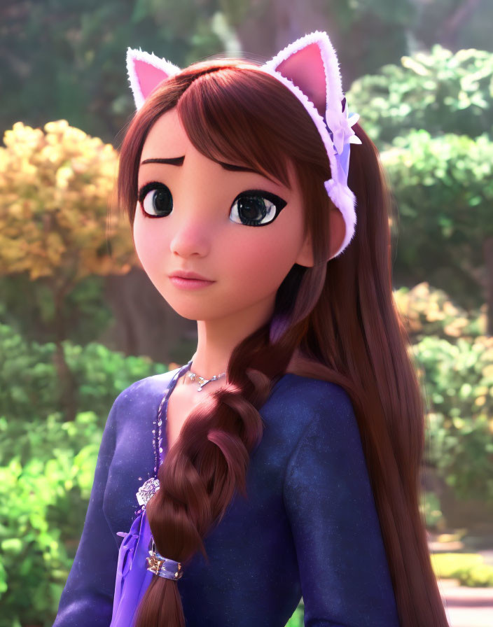 3D-rendered girl with large eyes in cat ears headband and braided hairstyle in purple outfit