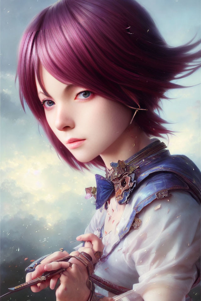 Digital Artwork: Young Woman with Purple Hair and Paintbrush