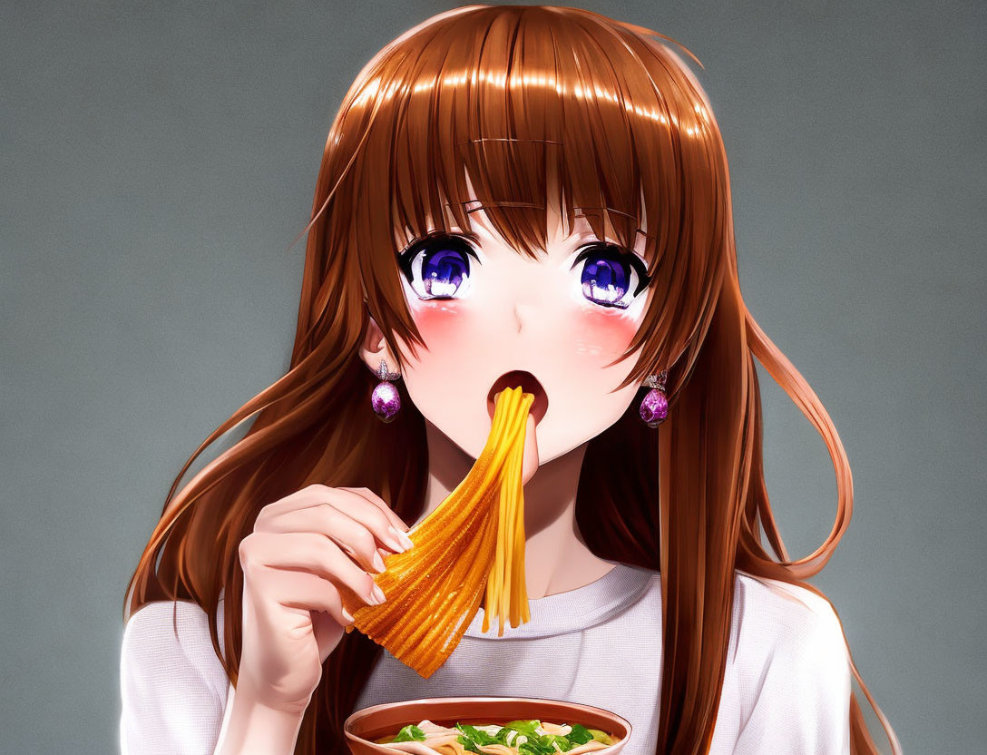 Brown-haired anime girl with purple eyes eating noodles in white shirt and purple earrings, with bowl of noodles