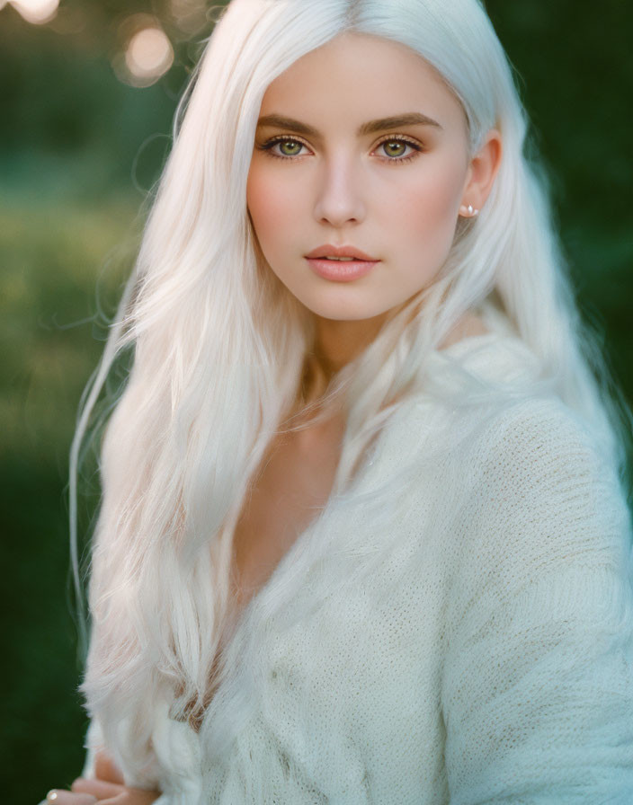 Platinum Blonde Woman Portrait in White Sweater