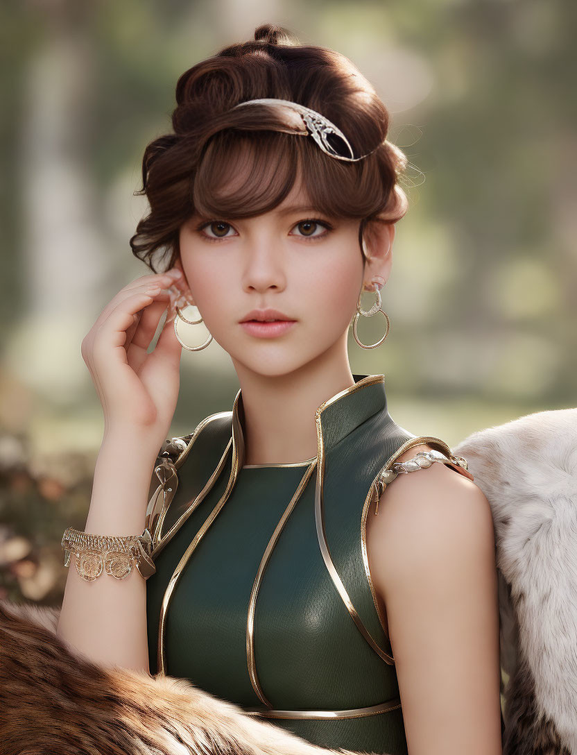 Elegant lady in fantasy warrior attire with updo and headband