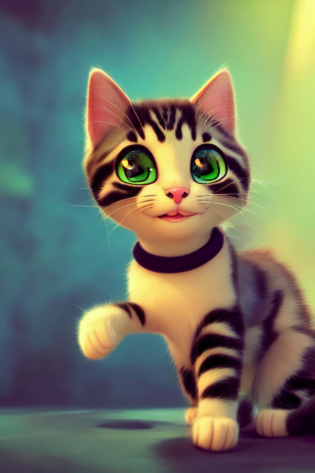 Striped Kitten with Large Green Eyes in Animated Style