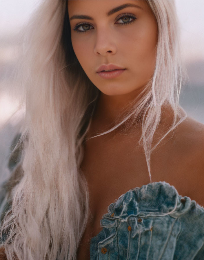 Blonde woman in denim jacket with striking eyes