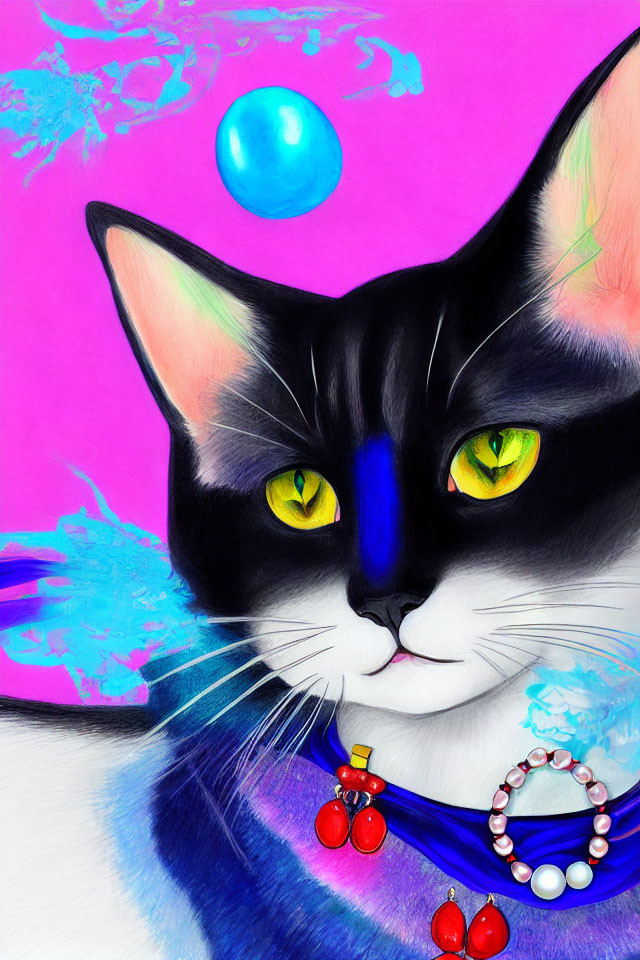 Vibrant cat illustration with yellow eyes, blue streak, cherry necklace on pink background