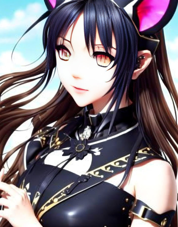 Digital illustration of female anime character with long brown hair, red eyes, rabbit ears, black outfit with