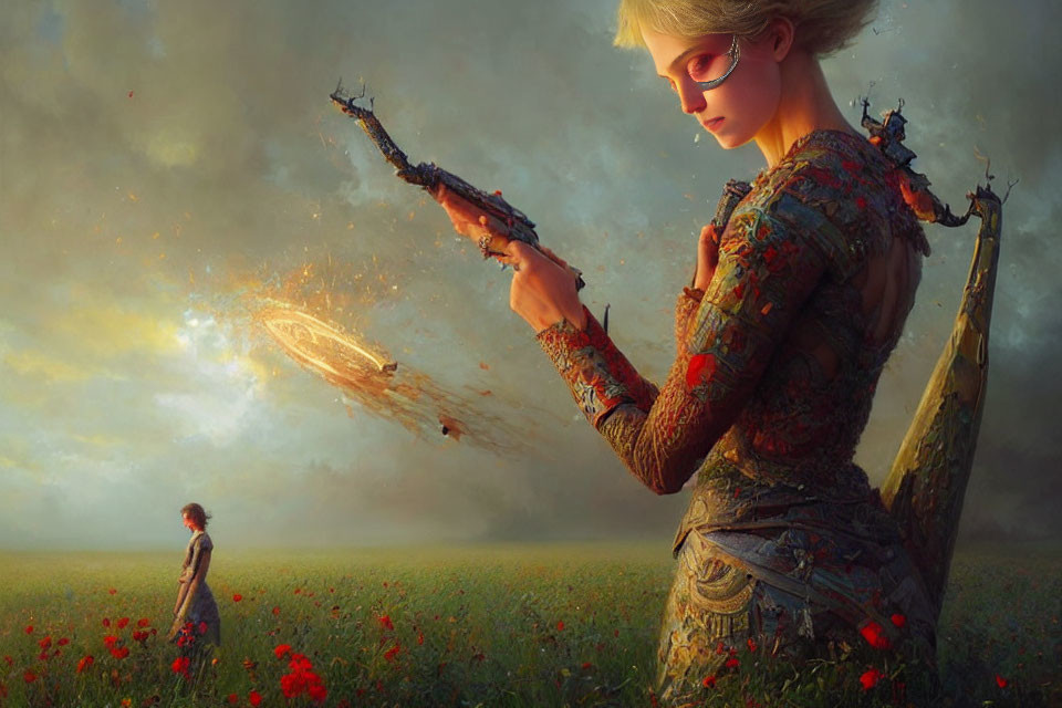 Fantastical image of two women in a poppy field with high-tech weapon and spaceship.