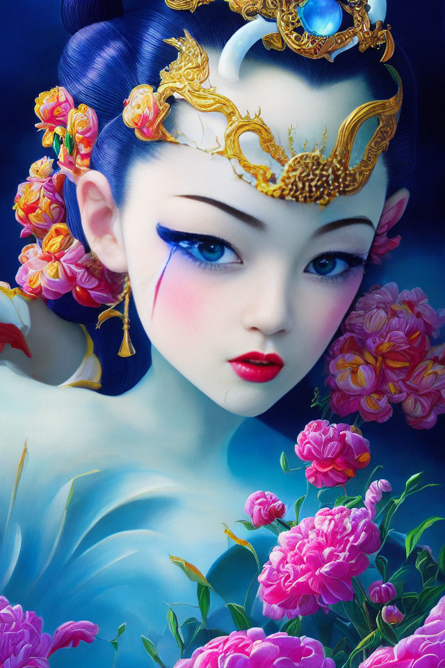 Digital artwork featuring woman with stylized makeup, gold headpiece, and blue flowers.