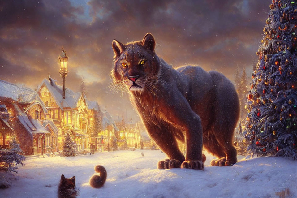 Snowy town square scene with cougar, Christmas tree, and squirrel