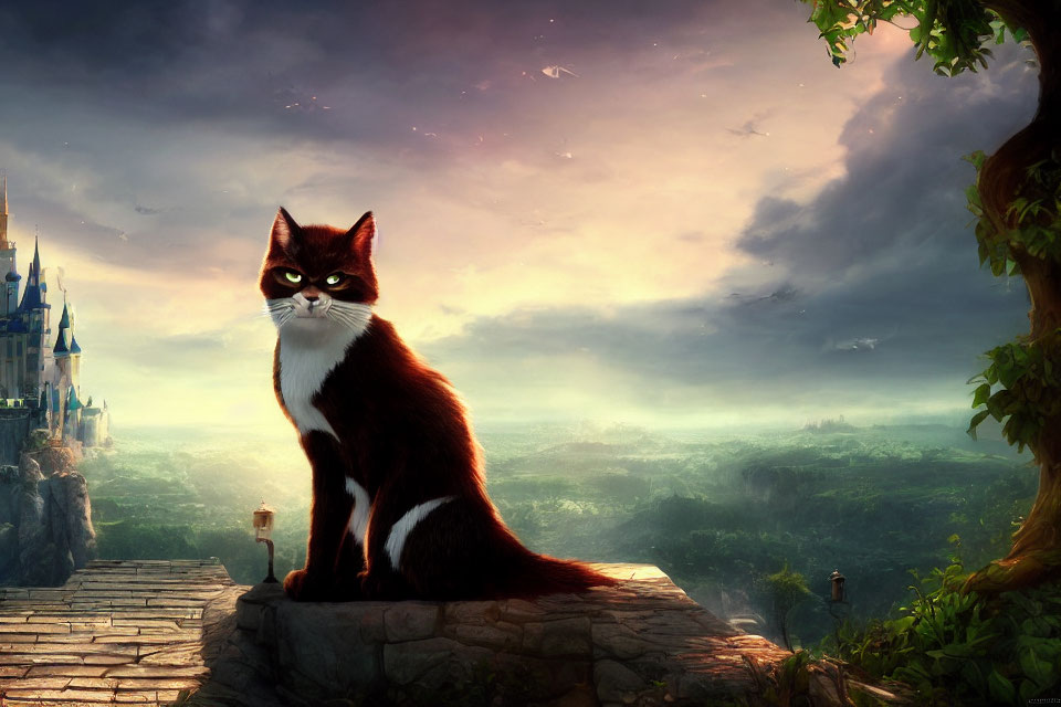 Majestic cat on stone path with fantasy castle at twilight