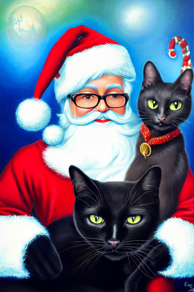 Person as Santa Claus holding two black cats against night sky with sleigh and reindeer.