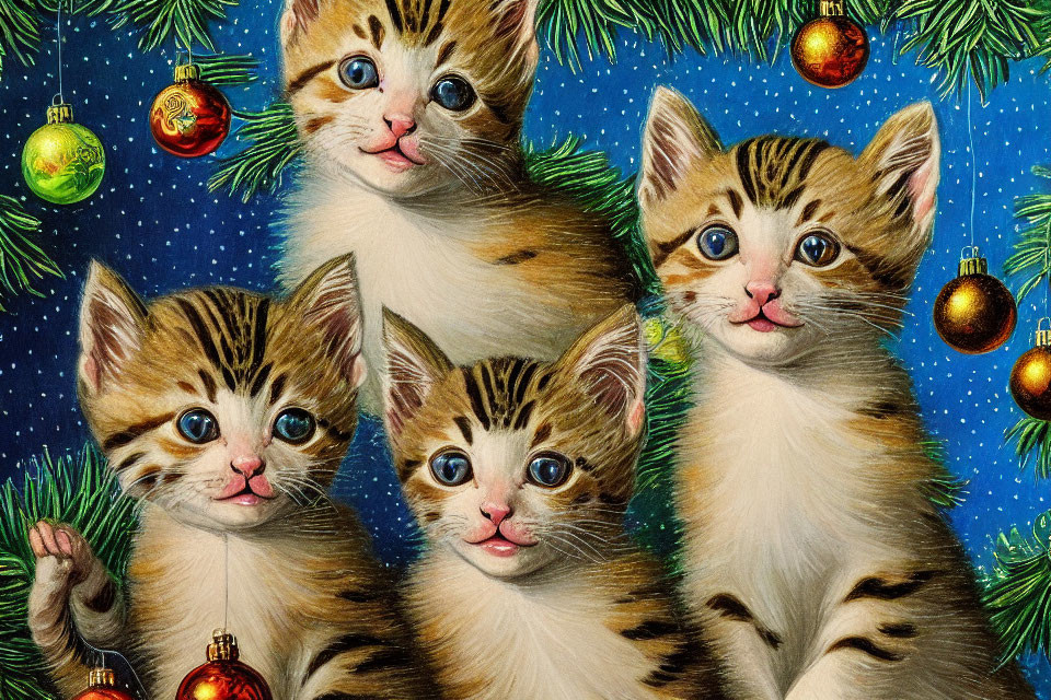 Four tabby kittens with blue eyes surrounded by Christmas decorations.