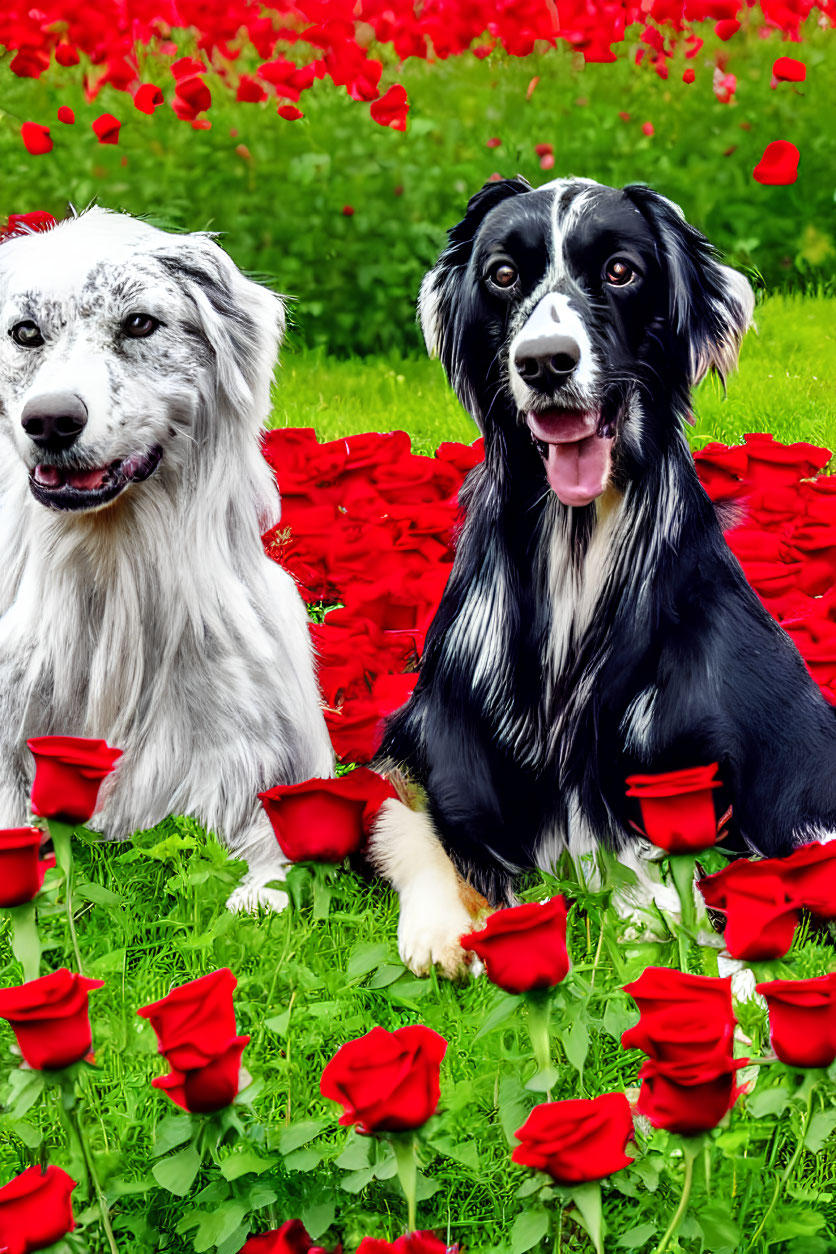 Two Dogs Among Red Roses on Green Background