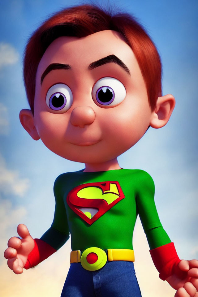 Young boy in superhero outfit with red cape and 'S' emblem, standing under blue sky.