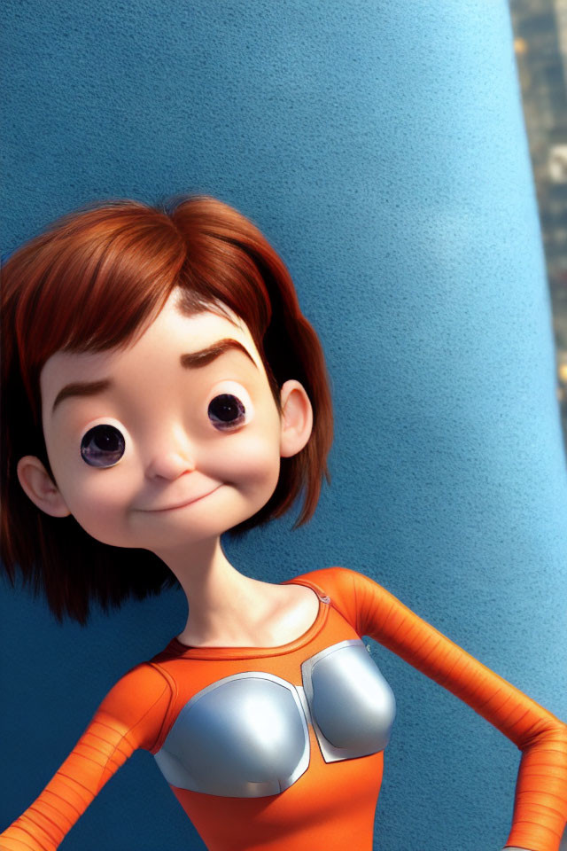 Animated female character with short auburn hair in orange suit against blue background