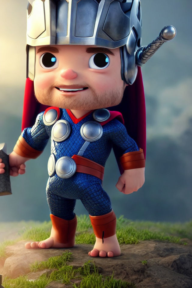 Stylized animated superhero character with hammer, helmet, and cape on rock