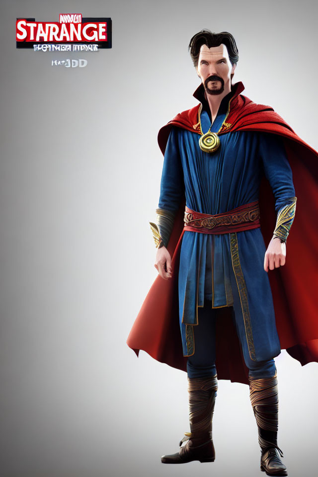 Superhero Figurine in Blue and Red Costume with Cape and Amulet