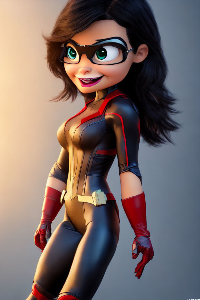 Stylized 3D Female Superhero in Black and Red Suit