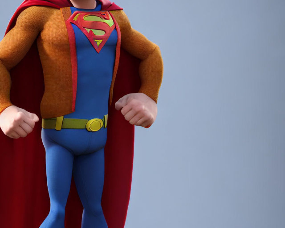 3D animated bald man in Superman costume with red cape