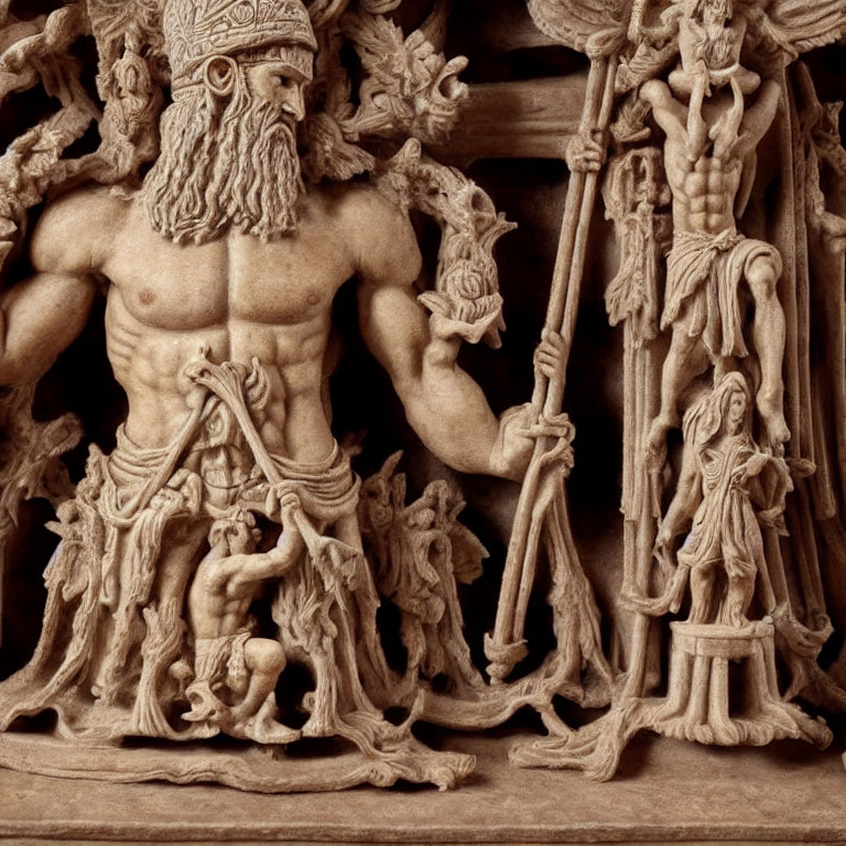 Detailed Wooden Relief of Robust Mythical Figure and Characters