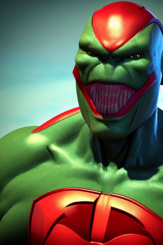 Detailed 3D-rendered green superhero with red eyes and emblem on blue background