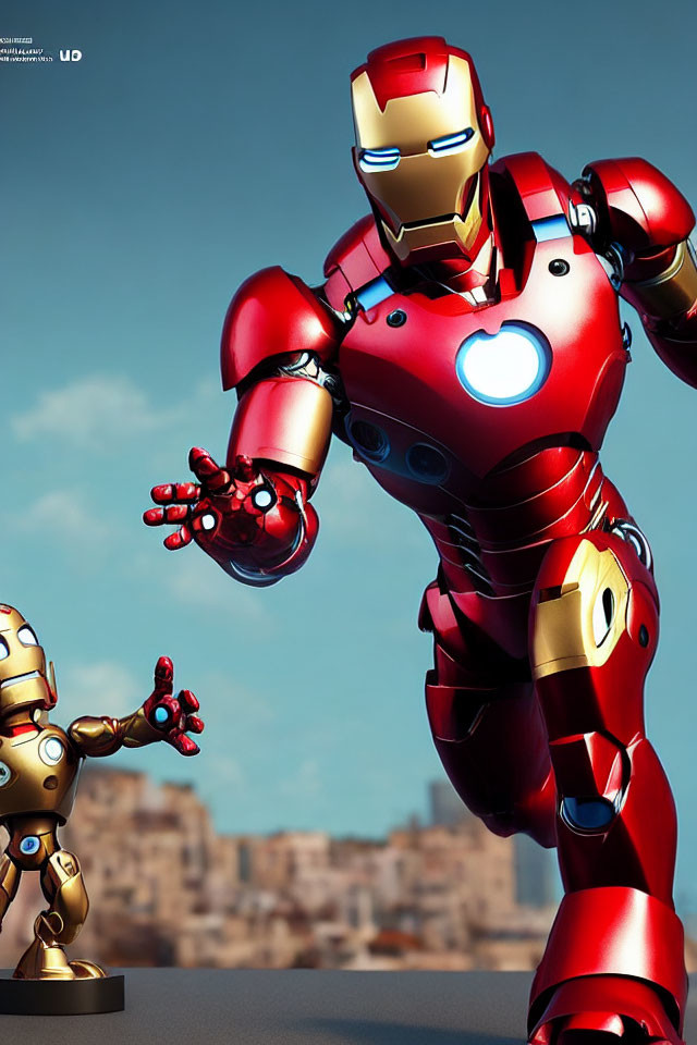 Detailed image of Iron Man in red and gold armor with toy-like version, cityscape background.