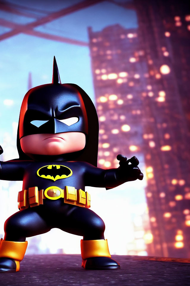 Stylized Batman toy figure with cityscape background and dramatic lighting