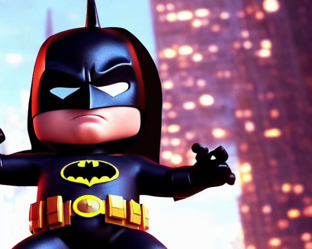 Stylized Batman toy figure with cityscape background and dramatic lighting