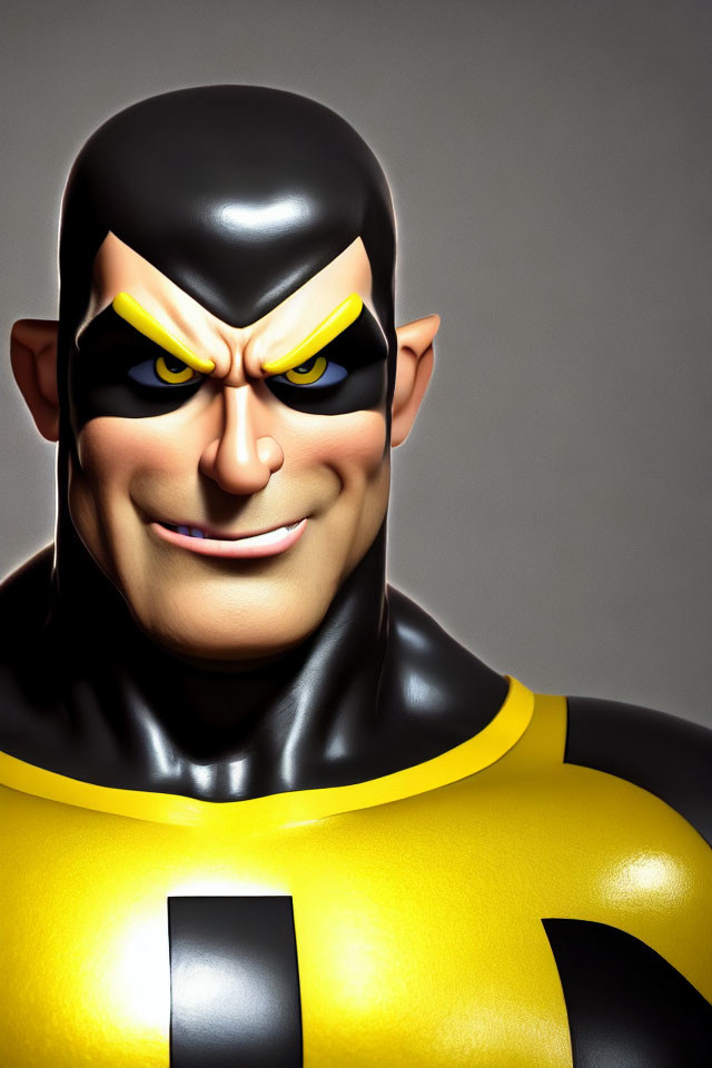 Animated character in black and yellow suit with broad grin and expressive eyes