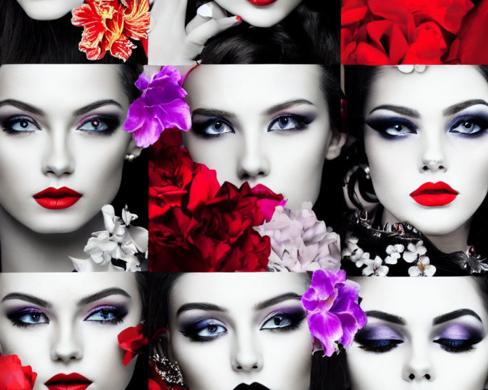 Collage of woman's face with bold makeup and floral accents