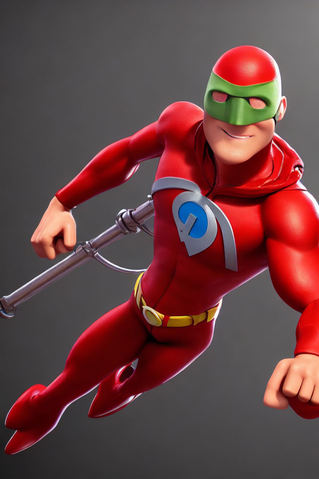 Red-suited 3D animated superhero with 'i' logo flying with staff