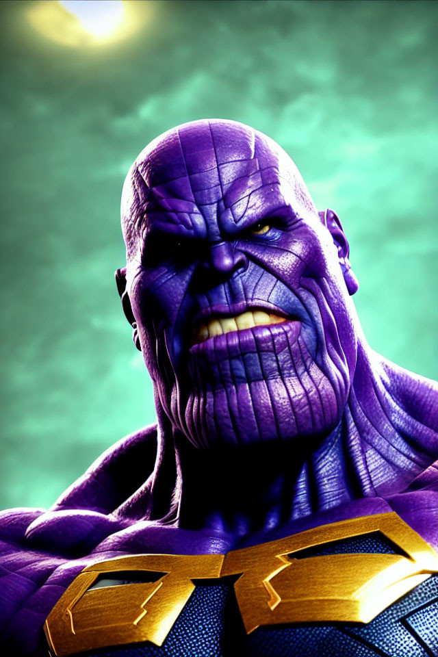 Grim-faced Thanos close-up on greenish backdrop