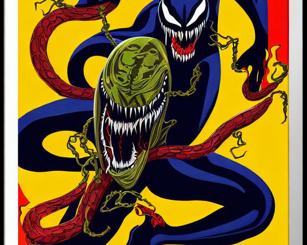 Detailed illustration of Venom character with menacing grin and elongated tongue on vibrant background