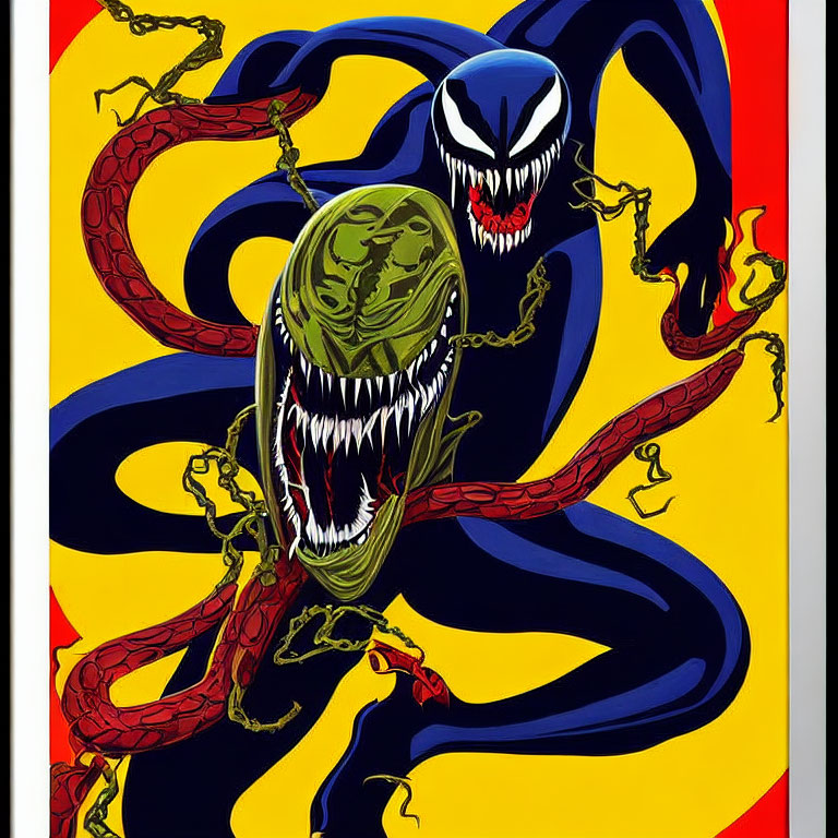 Detailed illustration of Venom character with menacing grin and elongated tongue on vibrant background