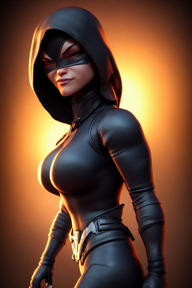 Female character in black skin-tight suit with mask posing on amber background