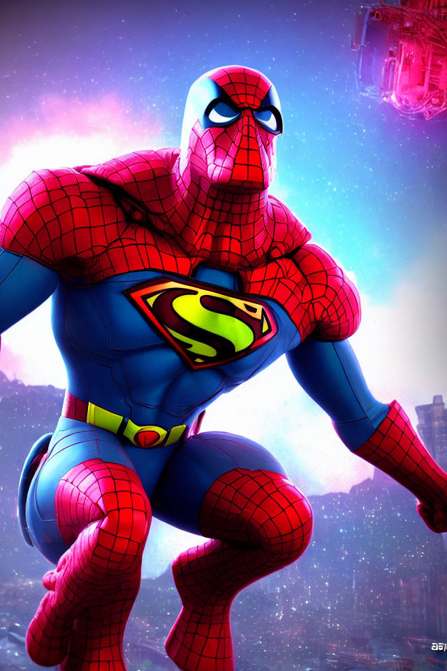 Hybrid superhero digital art: Spider-Man's head on Superman's body in futuristic city.