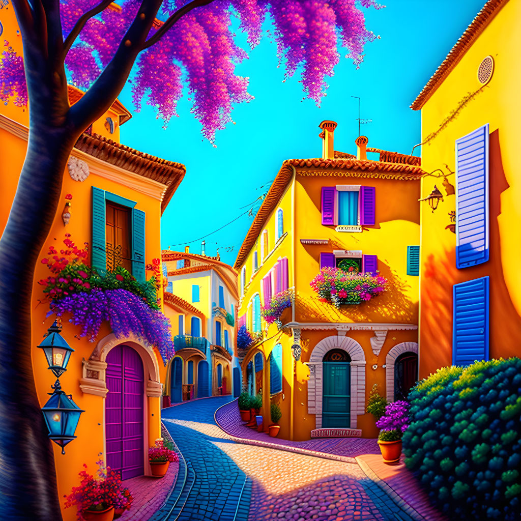 Colorful Buildings and Purple Flowers in Vibrant Street Scene