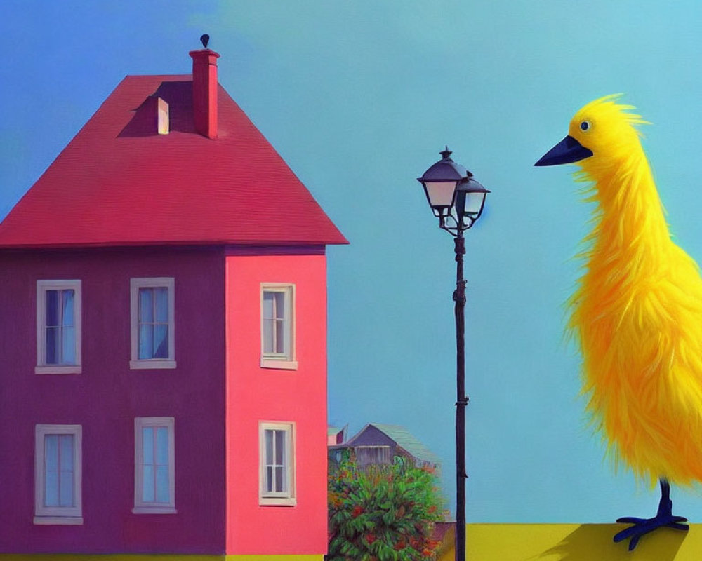 Colorful painting: yellow bird, street lamp, pink house, blue sky