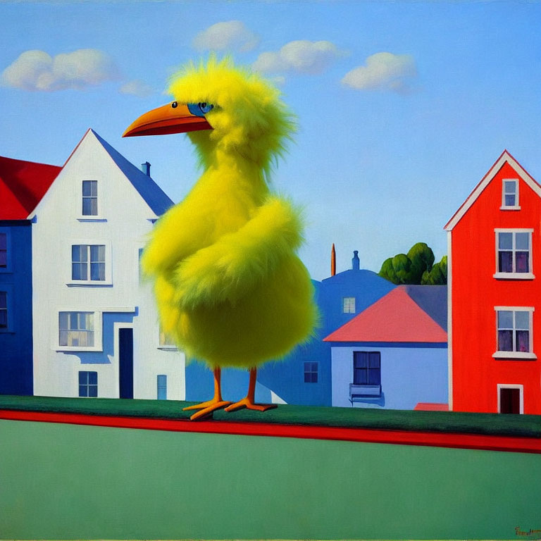 Colorful houses backdrop to giant fluffy yellow chick under blue sky