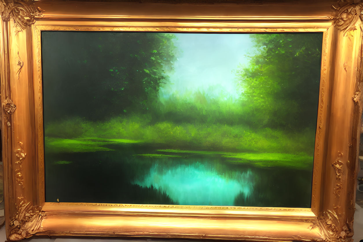 Gold Frame Surrounds Tranquil Forest Painting