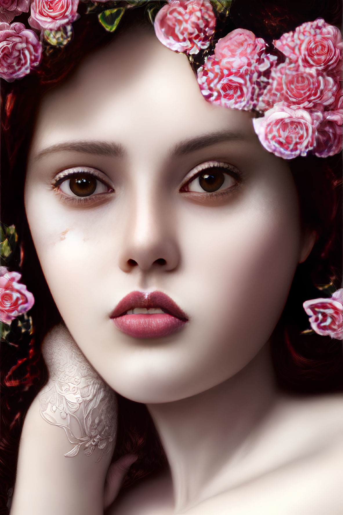 Close-up portrait of woman with pink rose floral crown and tattoo.